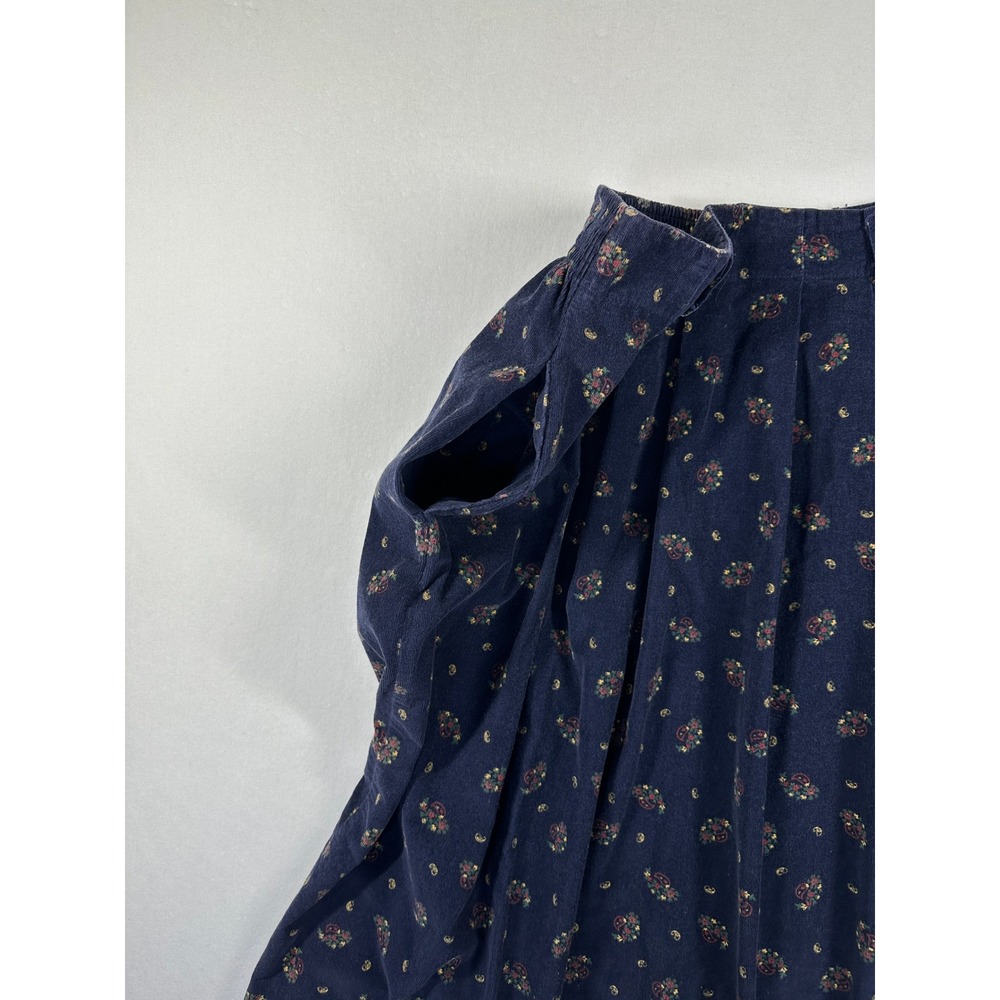Vintage 80s Lands End‎ Corduroy Midi Skirt Sz 12 Navy Blue Paisley Pleated USA - Picture 6 of 9